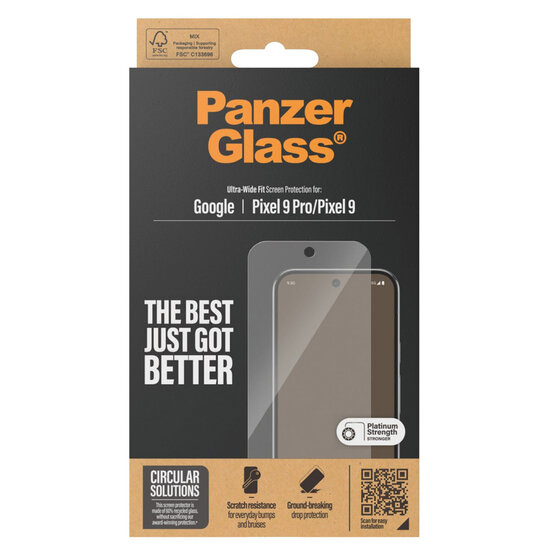 PanzerGlass - Ultra-Wide Fit Anti-Bacterial Screenprotector voor Google Pixel 9 / 9 Pro - Transparent