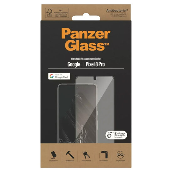 PanzerGlass - Ultra-Wide Fit Anti-Bacterial Screenprotector voor Google Pixel 8 Pro - Transparent