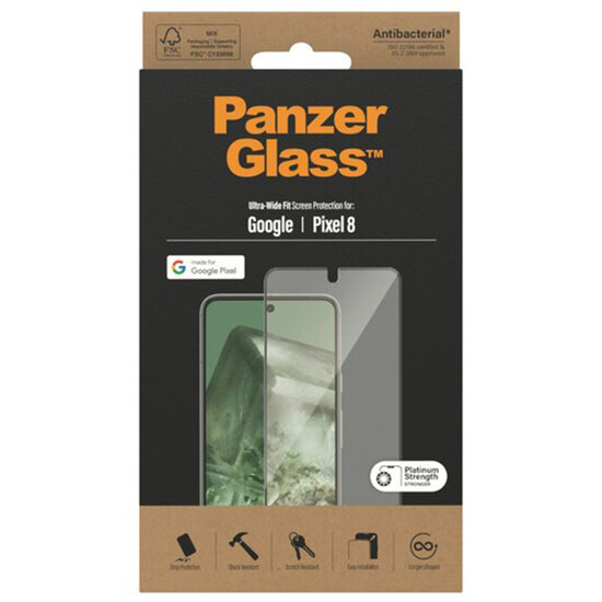 PanzerGlass - Ultra-Wide Fit Anti-Bacterial Screenprotector voor Google Pixel 8 - Transparent