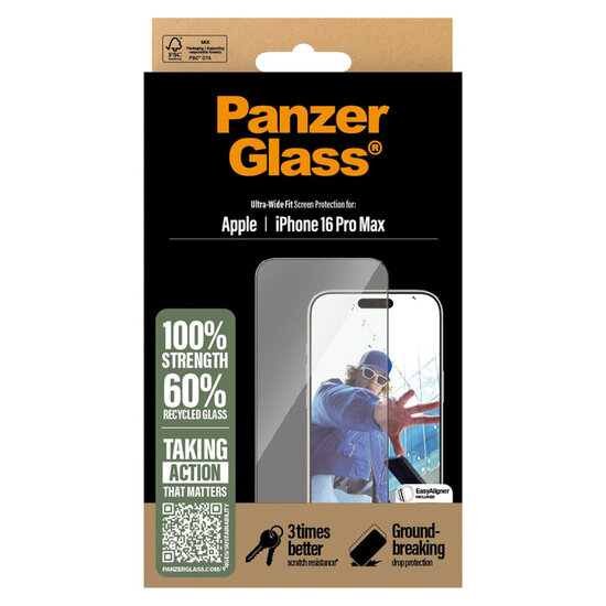 PanzerGlass - Ultra-Wide Fit Anti-Bacterial Screenprotector voor Apple iPhone 16 Pro Max - Transparent