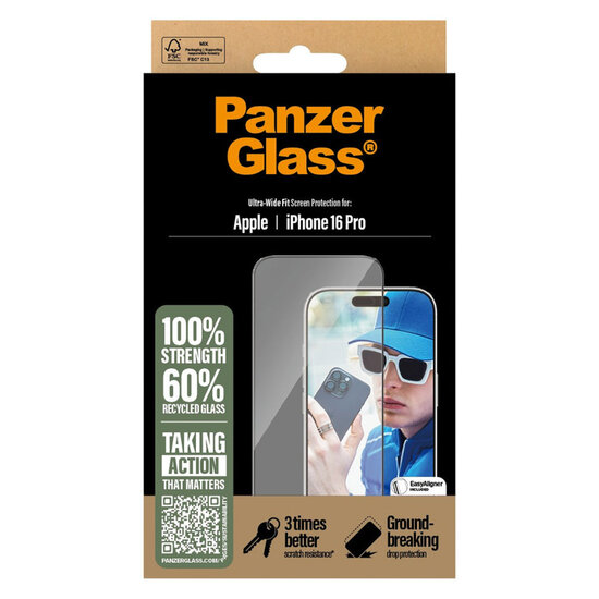 PanzerGlass - Ultra-Wide Fit Anti-Bacterial Screenprotector voor Apple iPhone 16 Pro - Transparent