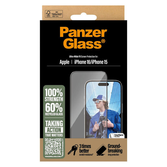 PanzerGlass - Ultra-Wide Fit Anti-Bacterial Screenprotector voor Apple iPhone 16 - Transparent