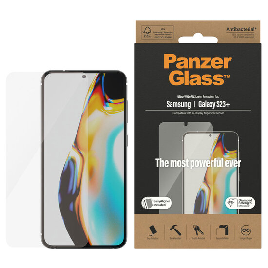 PanzerGlass - Ultra-Wide Fit Anti-Bacterial Screenprotector incl. applicator voor Samsung Galaxy S23 Plus - Black