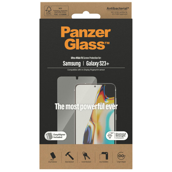 PanzerGlass - Ultra-Wide Fit Anti-Bacterial Screenprotector incl. applicator voor Samsung Galaxy S23 Plus - Black
