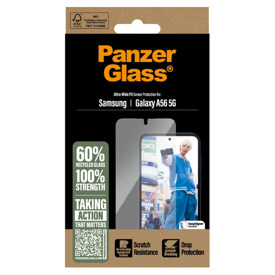 PanzerGlass - Ultra-Wide Fit Anti-Bacterial Screenprotector incl. applicator voor Samsung Galaxy A56 - Transparent