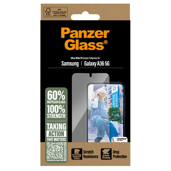 PanzerGlass - Ultra-Wide Fit Anti-Bacterial Screenprotector incl. applicator voor Samsung Galaxy A36 - Transparent