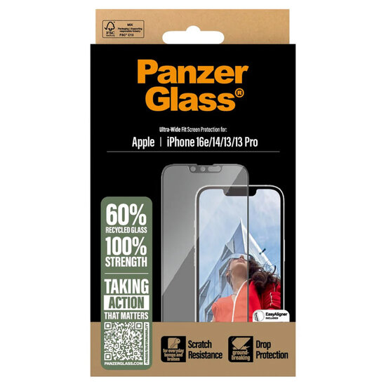 PanzerGlass - Ultra-Wide Fit Anti-Bacterial Screenprotector incl. applicator voor Apple iPhone 13 / 13 Pro / 14 / 16e - Transparent