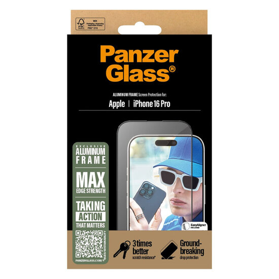 PanzerGlass - Screenprotector Aluminium Frame Ultra Wide Fit met applicator voor Apple iPhone 16 Pro - Transparent
