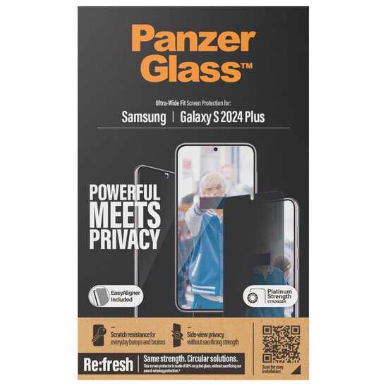 PanzerGlass - Privacy Ultra-Wide Fit Anti-Bacterial Screenprotector incl. applicator voor Samsung Galaxy S24 Plus - Transparent