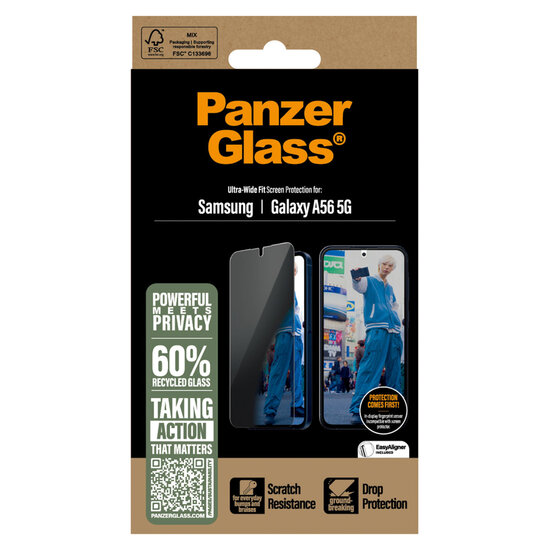 PanzerGlass - Privacy Ultra-Wide Fit Anti-Bacterial Screenprotector incl. applicator voor Samsung Galaxy A56 - Transparent