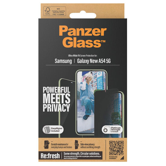 PanzerGlass - Privacy Ultra-Wide Fit Anti-Bacterial Screenprotector incl. applicator voor Samsung Galaxy A55 - Transparent
