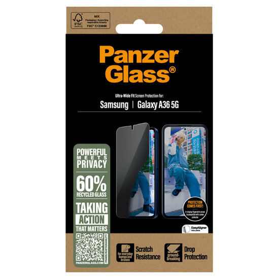 PanzerGlass - Privacy Ultra-Wide Fit Anti-Bacterial Screenprotector incl. applicator voor Samsung Galaxy A36 - Transparent