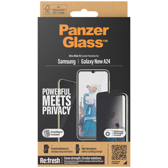 PanzerGlass - Privacy Ultra-Wide Fit Anti-Bacterial Screenprotector incl. applicator voor Samsung Galaxy A25 (5G) - Transparent