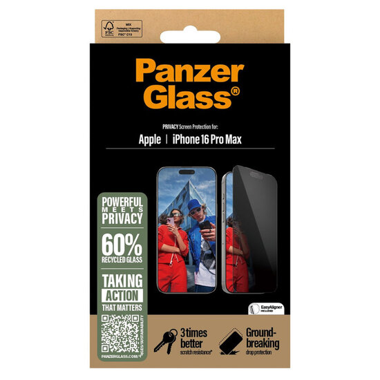 PanzerGlass - Privacy Ultra-Wide Fit Anti-Bacterial Screenprotector incl. applicator voor Apple iPhone 16 Pro Max - Transparent
