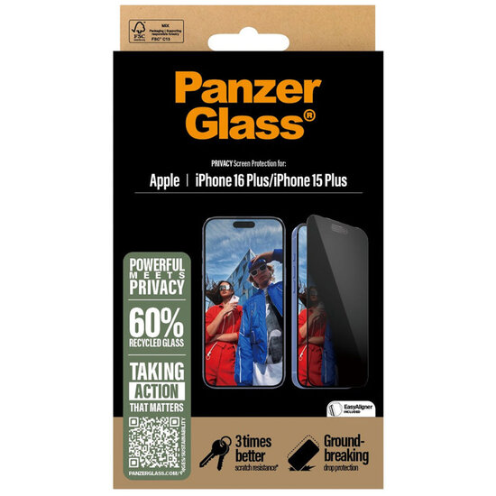 PanzerGlass - Privacy Ultra-Wide Fit Anti-Bacterial Screenprotector incl. applicator voor Apple iPhone 16 Plus - Transparent