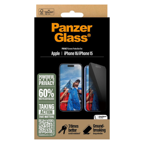 PanzerGlass - Privacy Ultra-Wide Fit Anti-Bacterial Screenprotector incl. applicator voor Apple iPhone 16 - Transparent