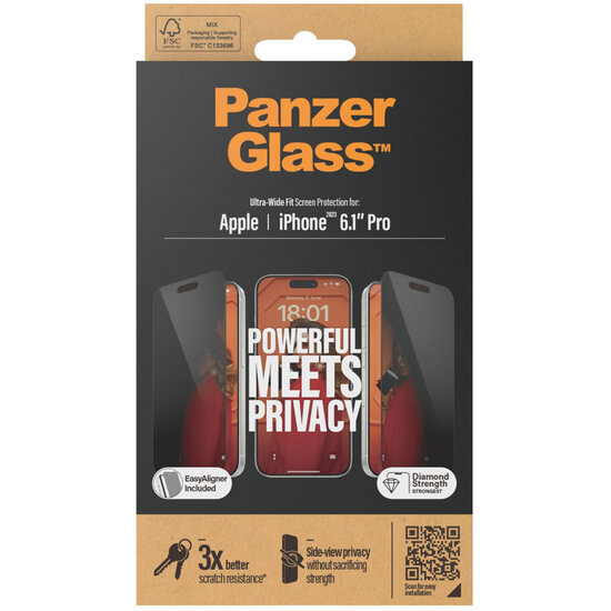 PanzerGlass - Privacy Ultra-Wide Fit Anti-Bacterial Screenprotector incl. applicator voor Apple iPhone 15 Pro - Transparent