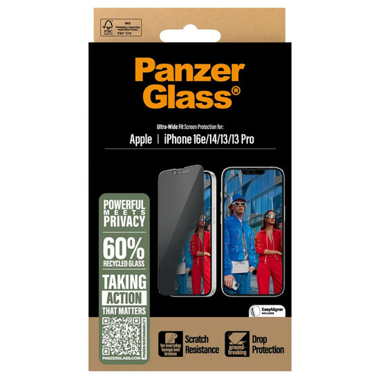 PanzerGlass - Privacy Ultra-Wide Fit Anti-Bacterial Screenprotector incl. applicator voor Apple iPhone 13 / 13 Pro / 14 / 16e - Transparent