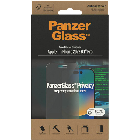 PanzerGlass - Privacy Anti-Bacterial Screenprotector voor Apple iPhone 14 Pro - Transparent