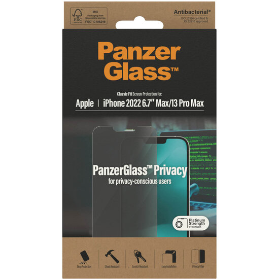 PanzerGlass - Privacy Anti-Bacterial Screenprotector voor Apple iPhone 14 Plus / 13 Pro Max - Transparent