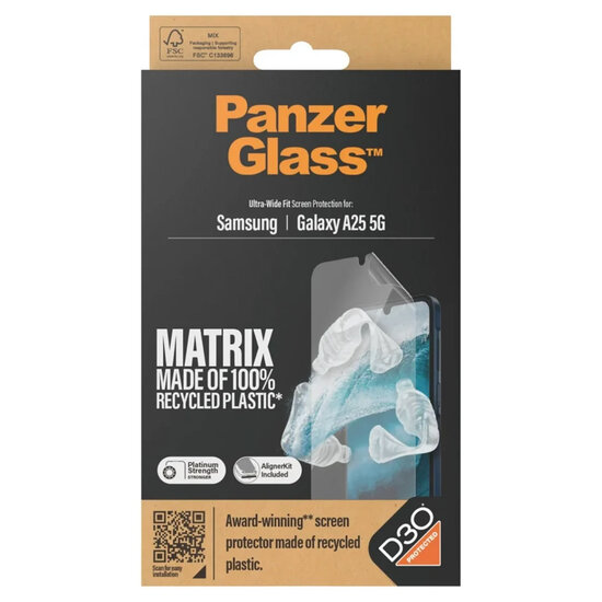 PanzerGlass - Matrix Recycled Ultra-Wide Fit Anti-Bacterial Screenprotector incl. applicator voor Samsung Galaxy A25 (5G) - Transparent