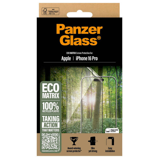 PanzerGlass - Matrix Recycled Ultra-Wide Fit Anti-Bacterial Screenprotector incl. applicator voor Apple iPhone 16 Pro - Transparent