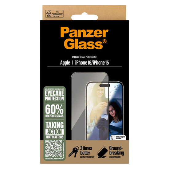 PanzerGlass - EyeScreenprotector Ultra Wide Fit met applicator voor Apple iPhone 16 - Transparent