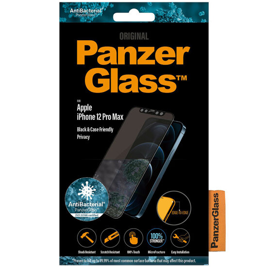 PanzerGlass - Case Friendly Privacy Anti-Bacterial Screenprotector voor Apple iPhone 12 Pro Max - Transparent