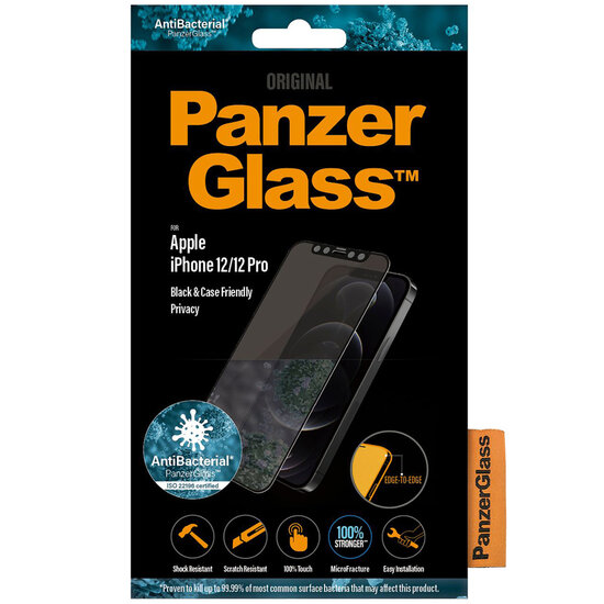 PanzerGlass - Case Friendly Privacy Anti-Bacterial Screenprotector voor Apple iPhone 12 (Pro) - Transparent