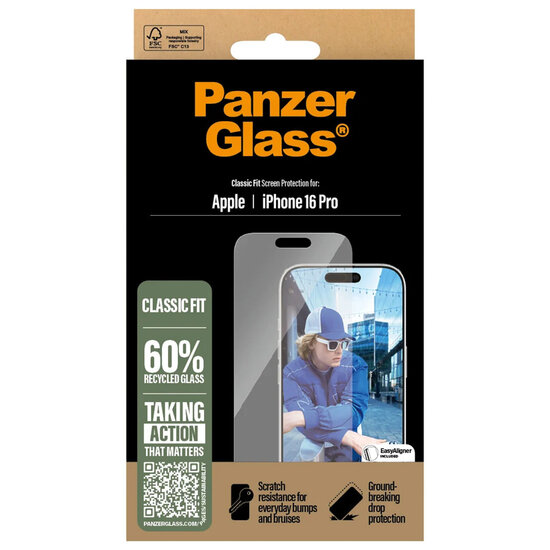 PanzerGlass - Anti-Bacterial Screenprotector voor Apple iPhone 16 Pro - Transparent