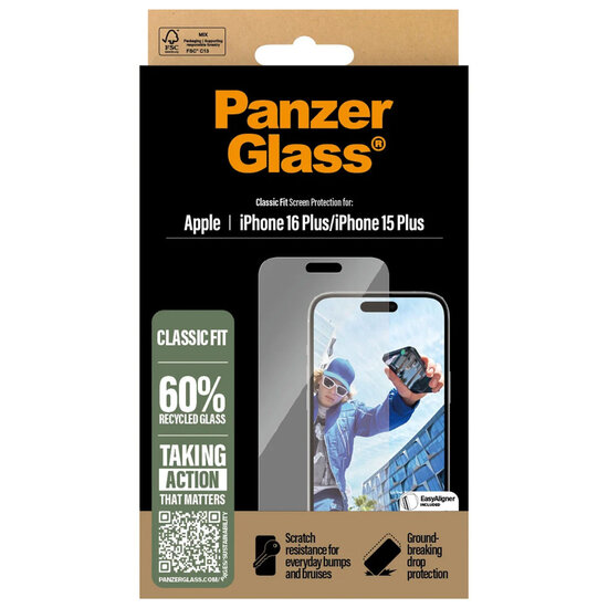PanzerGlass - Anti-Bacterial Screenprotector voor Apple iPhone 16 Plus - Transparent