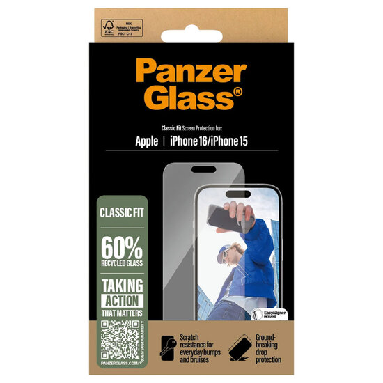 PanzerGlass - Anti-Bacterial Screenprotector voor Apple iPhone 16 - Transparent