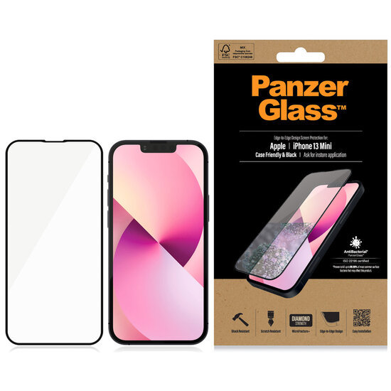 PanzerGlass - Anti-Bacterial CaseFriendly Screenprotector voor Apple iPhone 13 Mini - Black