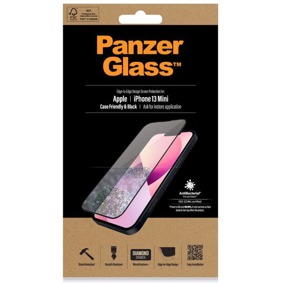 PanzerGlass - Anti-Bacterial CaseFriendly Screenprotector voor Apple iPhone 13 Mini - Black