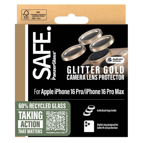 SAFE by PanzerGlass - Camera Lens Protector voor Apple iPhone 16 Pro / 16 Pro Max - Glitter Gold