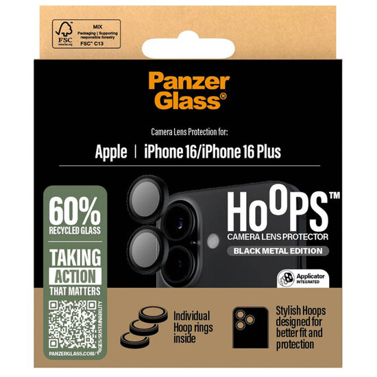 PanzerGlass - Camera Protector Hoops Optic Rings voor Apple iPhone 16 / 16 Plus - Black