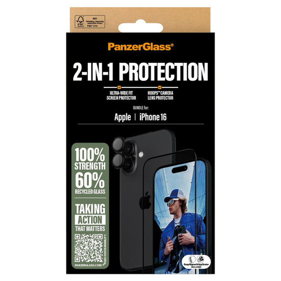 PanzerGlass - 2 in 1 pack - Ultra-Wide Fit Anti-Bacterial Screenprotector incl. applicator + Camera Protector voor Apple iPhone 16 - Transparent