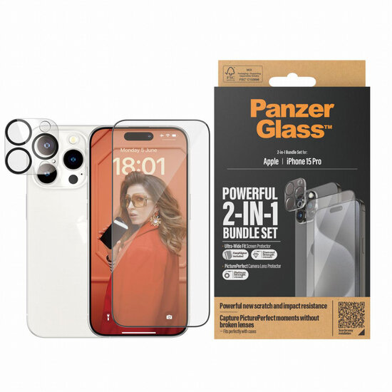 PanzerGlass - 2 in 1 pack - Ultra-Wide Fit Anti-Bacterial Screenprotector incl. applicator + Camera Protector voor Apple iPhone 15 Pro - Transparent