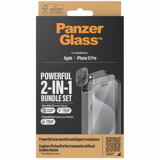 PanzerGlass - 2 in 1 pack - Ultra-Wide Fit Anti-Bacterial Screenprotector incl. applicator + Camera Protector voor Apple iPhone 15 Pro - Transparent
