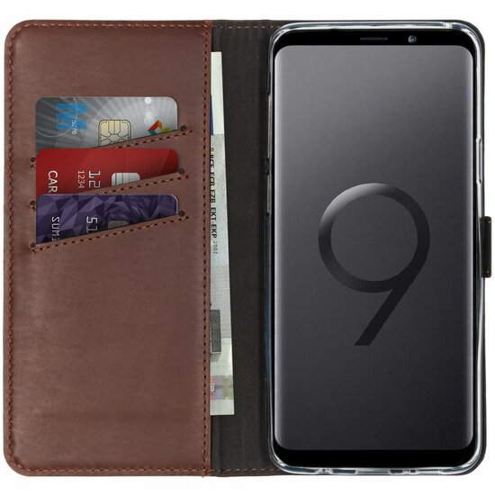 Selencia - Genuine Leather Bookcase voor Samsung Galaxy S9 Plus - Brown