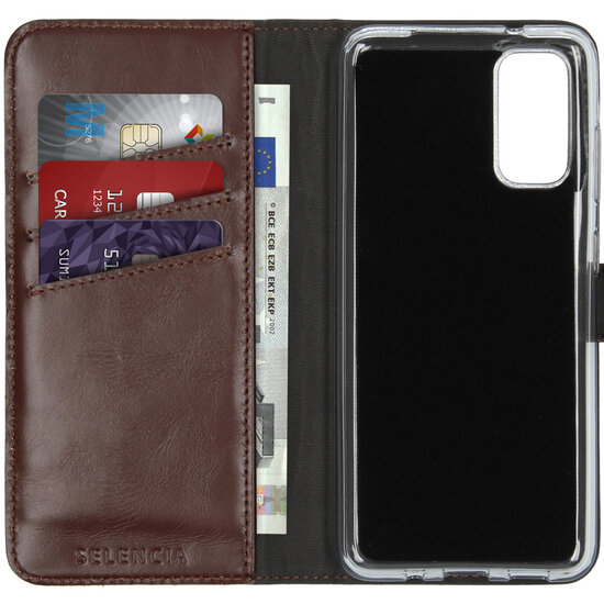 Selencia - Genuine Leather Bookcase voor Samsung Galaxy S20 - Brown