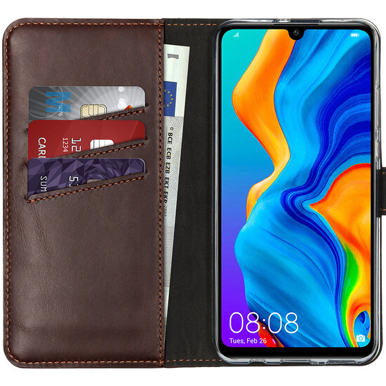 Selencia - Genuine Leather Bookcase voor Huawei P30 Lite - Brown