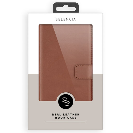 Selencia - Genuine Leather Bookcase voor Apple iPhone 17 Pro - Light Brown