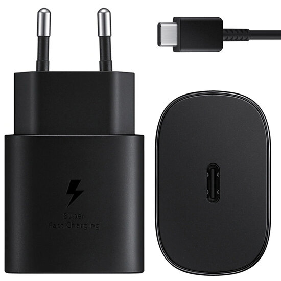 Samsung - Originele USB-C naar USB-C kabel - 1 m - 25 Watt - Black + Originele Fast Charging Adapter USB-C Oplader - In Fabrieksverpakking - 25 Watt - Black