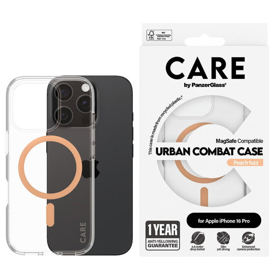 CARE by PanzerGlass - Urban Combat Case MagSafe voor Apple iPhone 16 Pro - Peachy