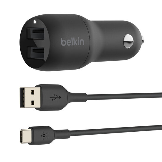 Belkin - Boost Charge Dual USB Car Charger + USB-C kabel - 24W - Black
