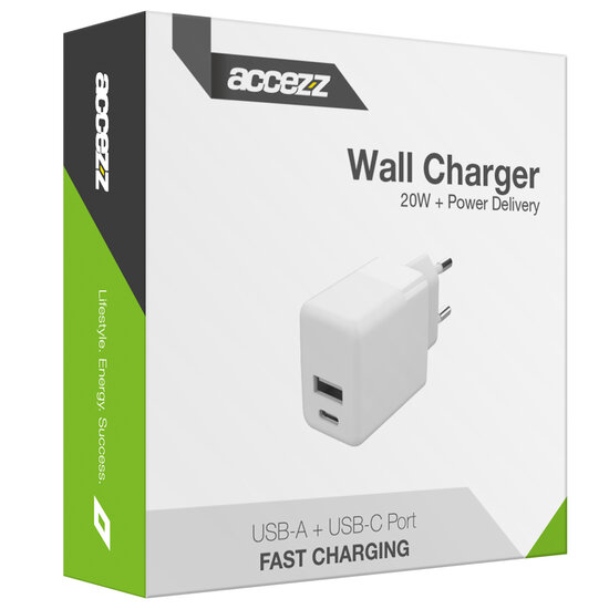 Accezz - Wall Charger - Oplader - USB-C en USB aansluiting - Power Delivery - 20 Watt - White