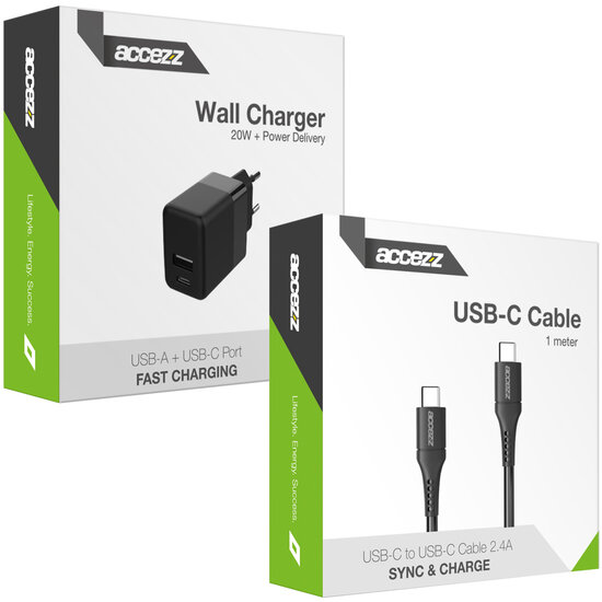 Accezz - Wall Charger met USB-C naar USB-C kabel - Oplader - 20 Watt - 1 m - Black