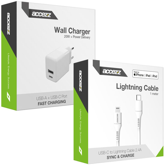 Accezz - Wall Charger met Lightning naar USB-C kabel - Oplader - MFi certified - 20 Watt - 1 m - White