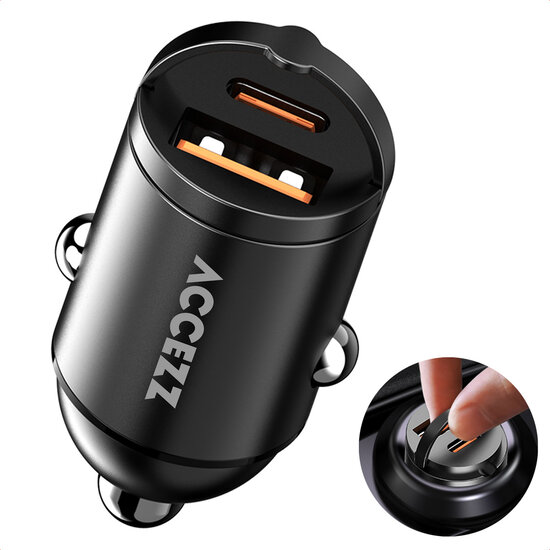 Accezz - Autolader | Snellader met 2 poorten - USB-A 30 watt + USB-C 65 watt - Black